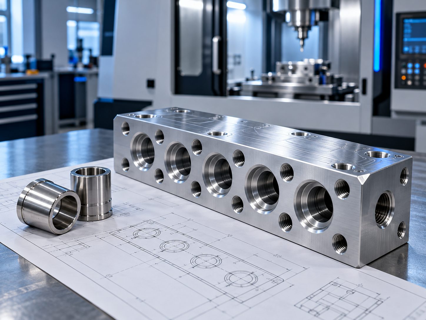 Precision-machined components on an engineering drawing