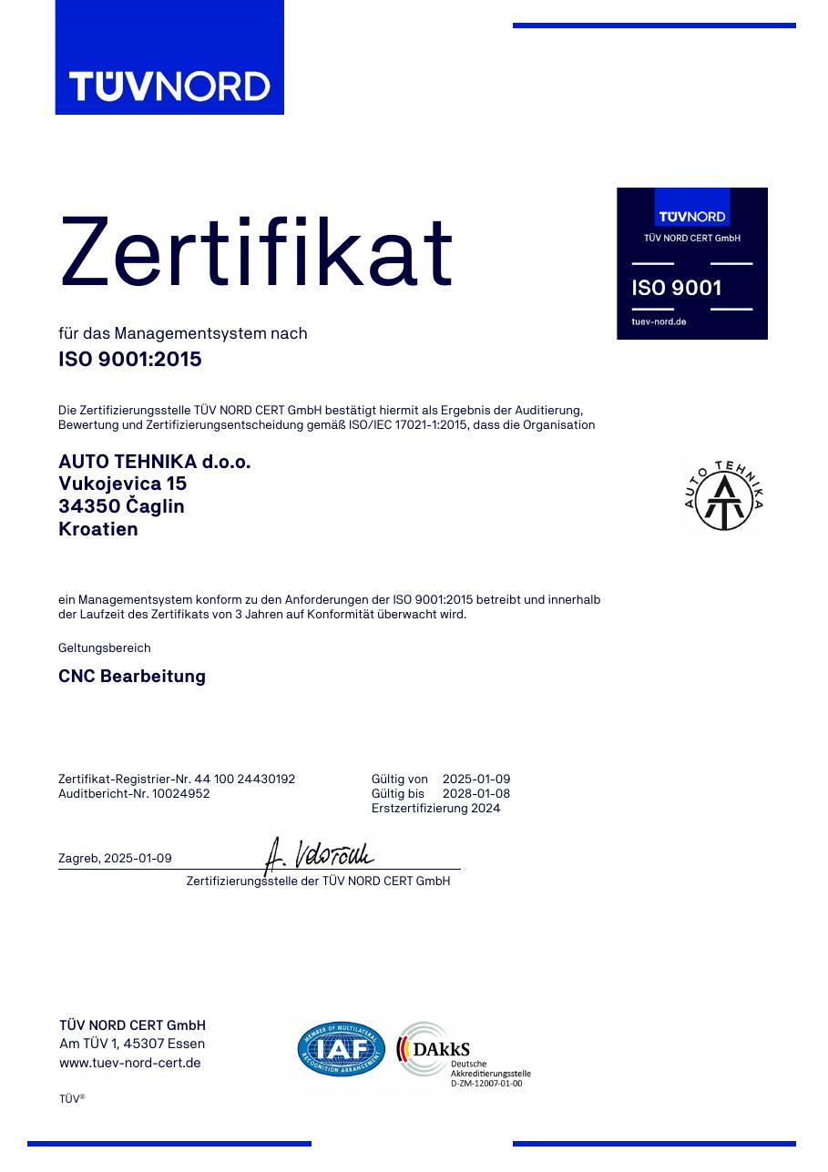 ISO 9001 certificate of Auto Tehnika d.o.o., TÜV NORD CERT